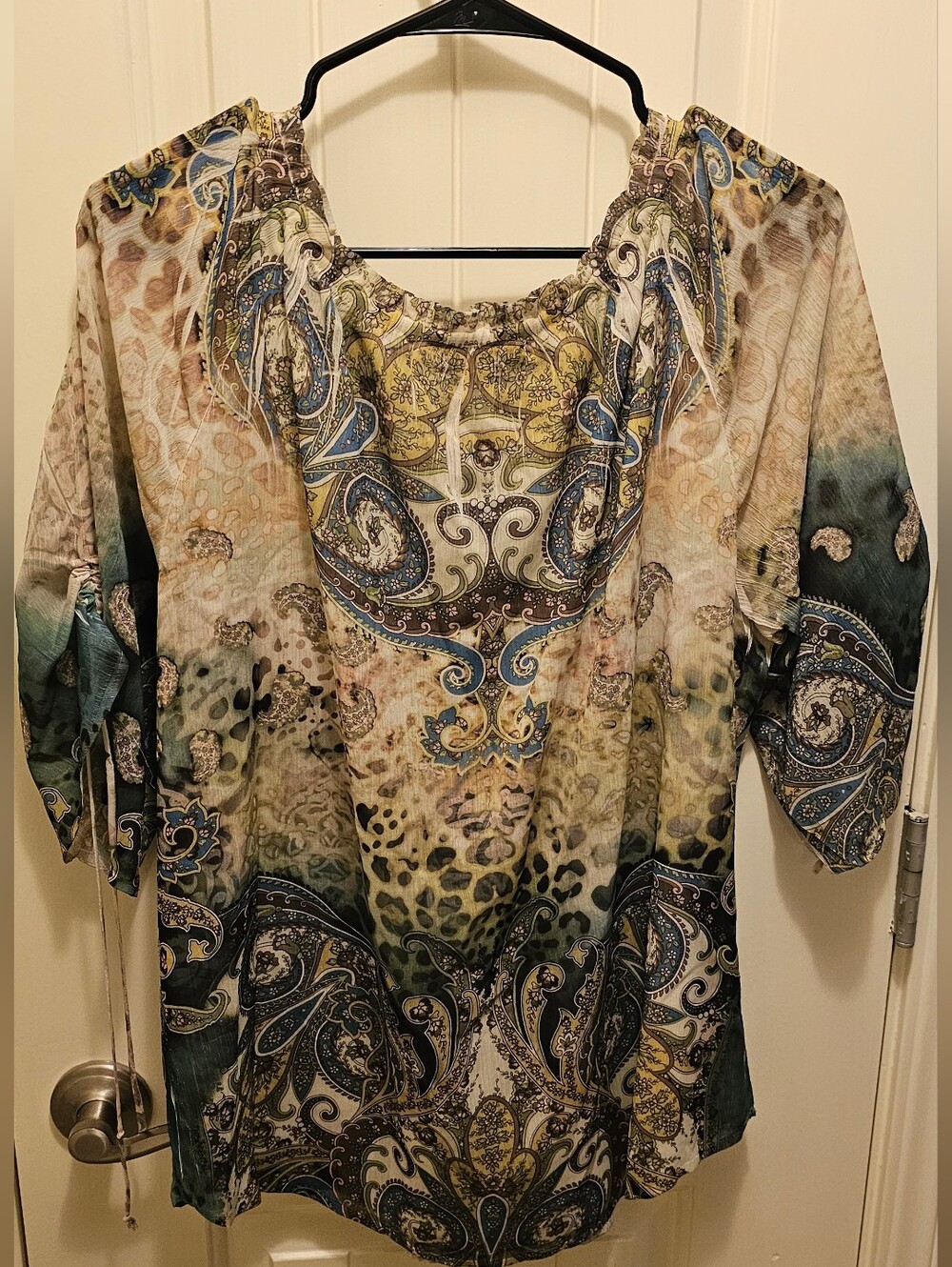 Energie Multicolor Paisley & Animal Print Peasant Blouse Sz XL